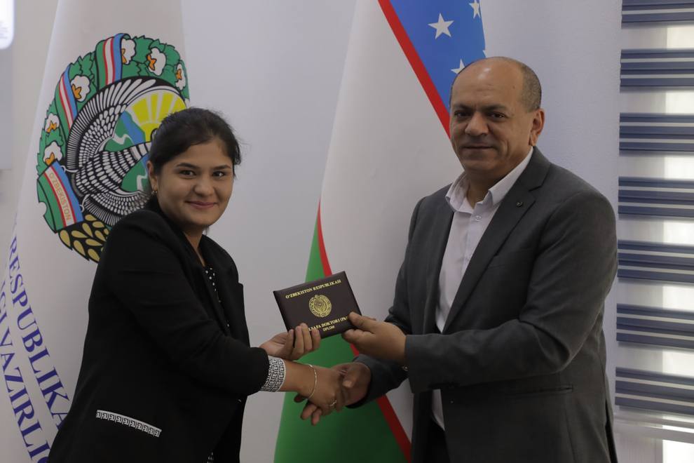 Shukurova Nargiza Olimovna received the diploma of Doctor of Philosophy in agricultural sciences